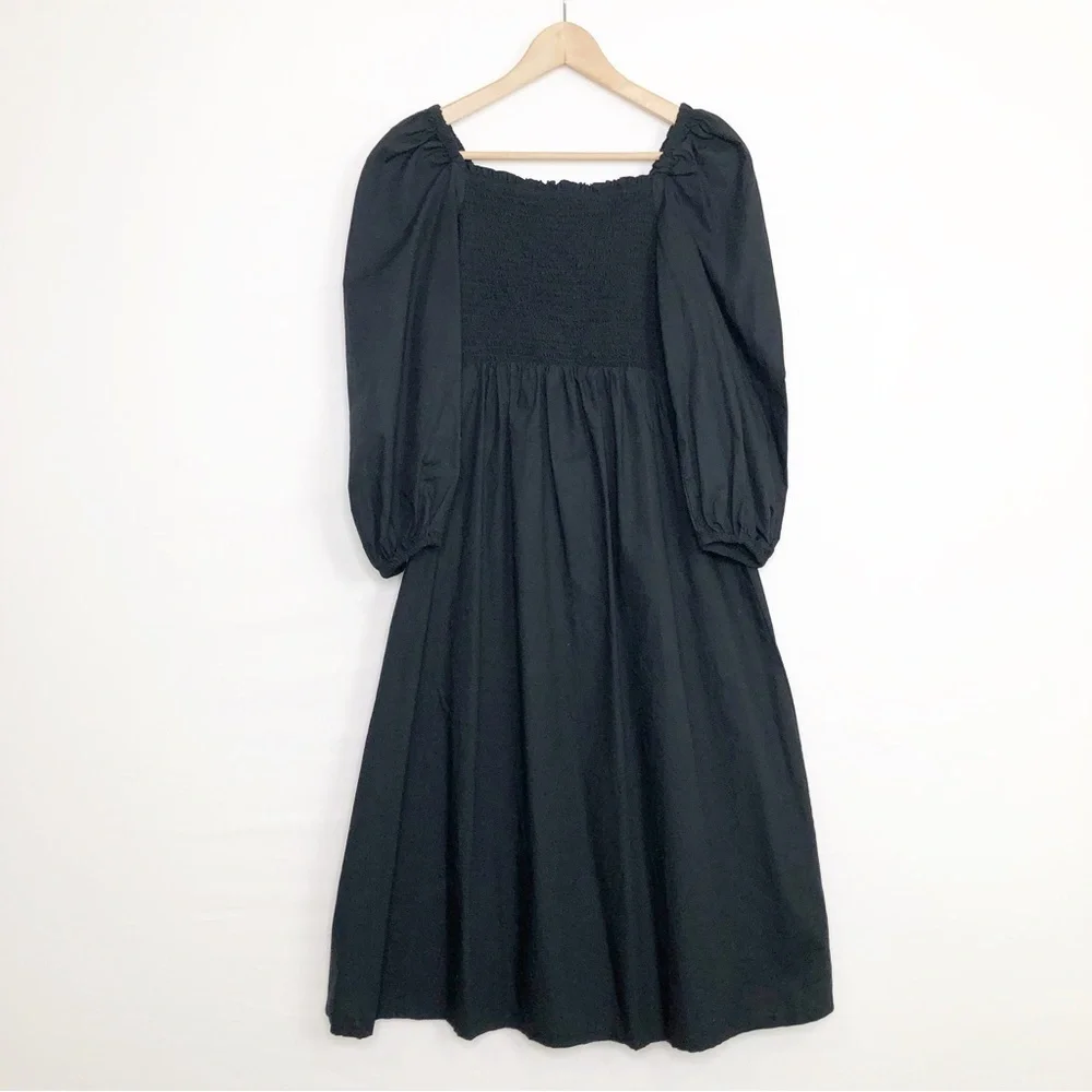 J Crew black smocked bodice puff sleeve, midi dress
